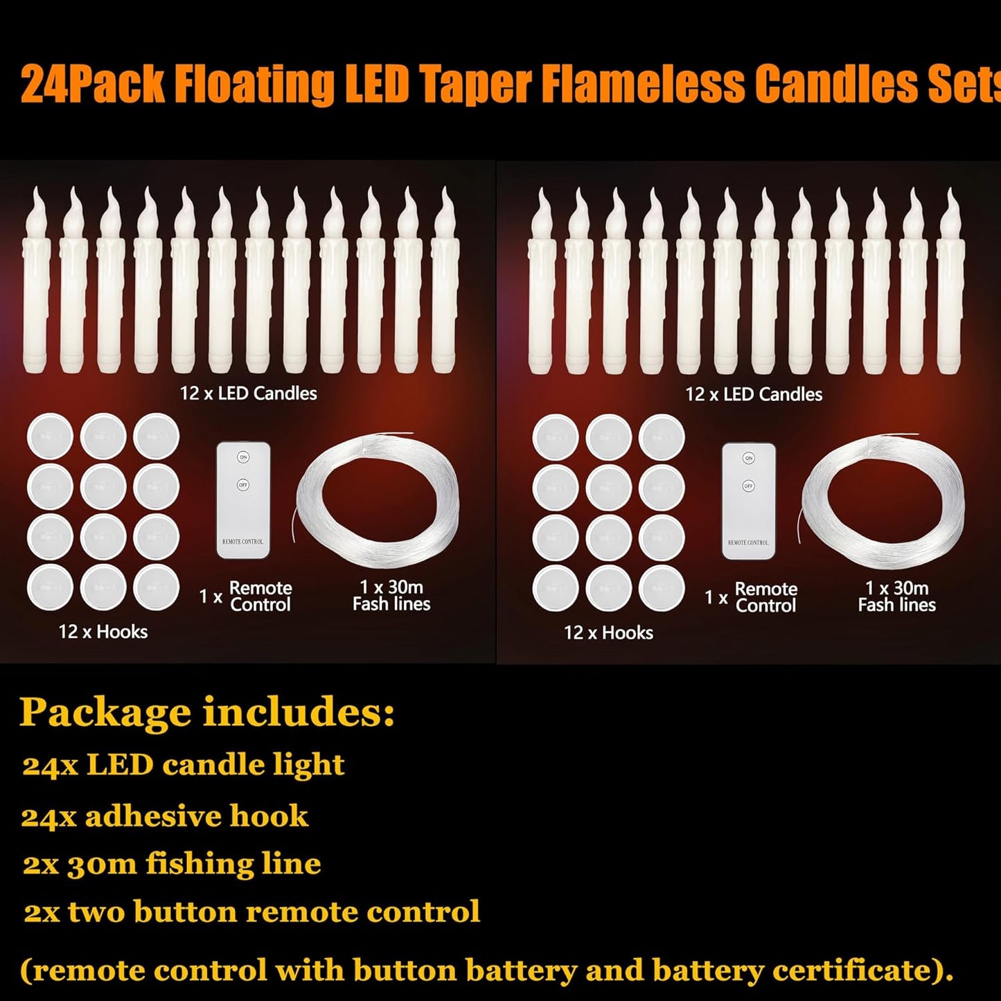24Pack Floating LED Candles Sets, Taper Flameless Candles with Remote, Warm White Flickering Candles Hanging Decoration for Halloween Christmas Tree Party Home Decoration