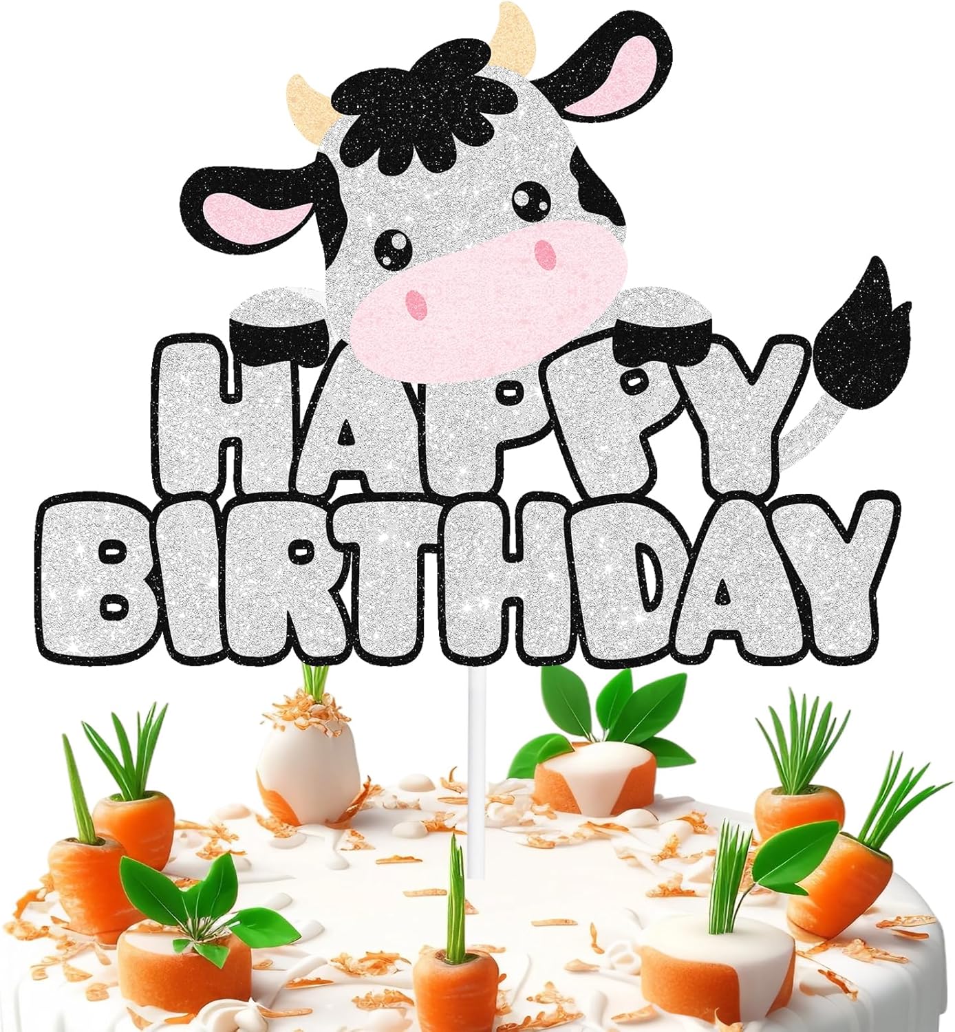 Cow Happy Birthday White Glitter Cake Topper Farm Animals Birthday Cow Cake Pick for Cow Theme Cake Decor Boys or Girls Birthday Decorations Party Supplies