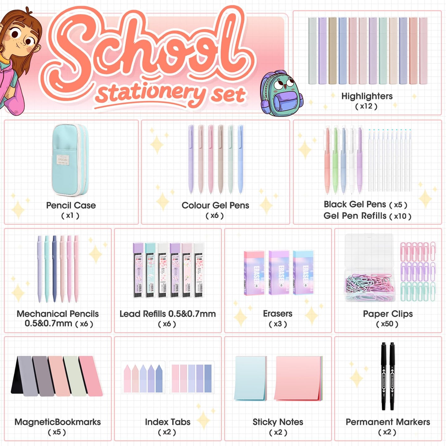 Focxoio 110-Piece Aesthetic School Supplies Set with Pen Case