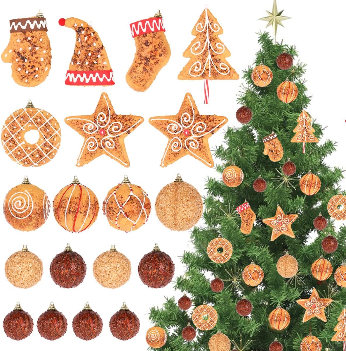 RoseCraft Baking Christmas Ornaments Set, 32PCS Artificial Shatterproof Christmas Tree Hanging Ball Gingerbread Decorations, for Indoor Home Holiday Party Xmas Vase Bowls Filler Centerpiece Decor **Damaged Box**