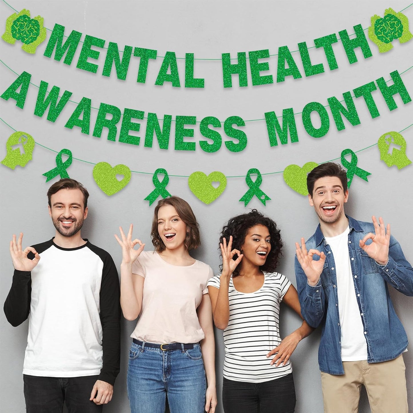 Mental Health Awareness Month Banner No DIY Glitter Green Mental Health Awareness Month Bulletin Board Decorations for School Classroom Outdoor May Mental Health Month Party Supplies