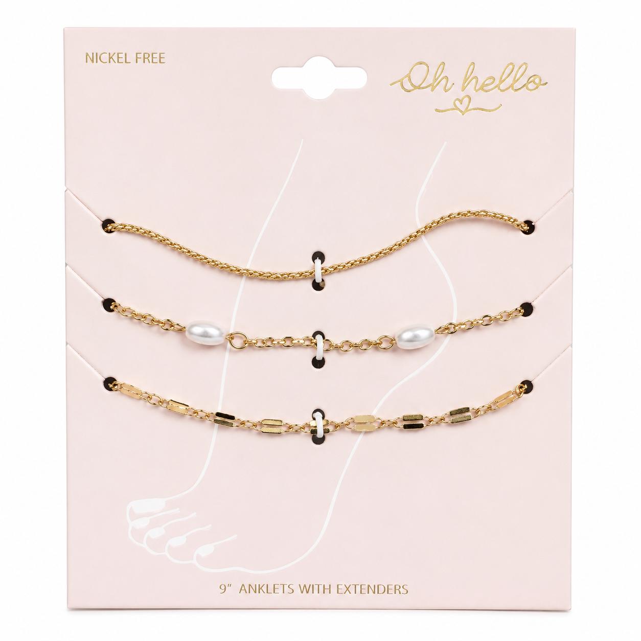 Oh Bello Nickel-Free Gold-Tone 3-Piece Anklet Set