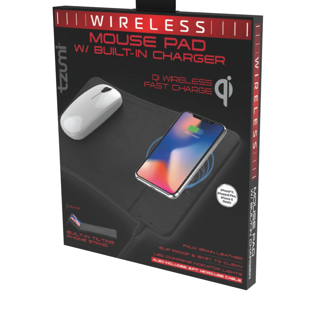 Tzumi Wireless Charging Mouse Pad with Built-In Qi Charger & Phone Stand – Black