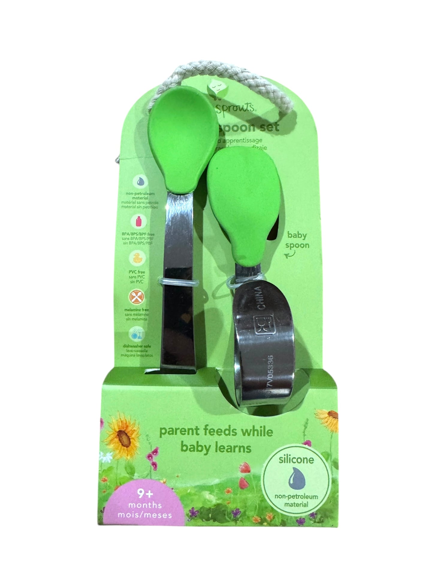 Green Sprouts Baby Learning Spoon Set – Silicone & Stainless Steel (2 Pack)