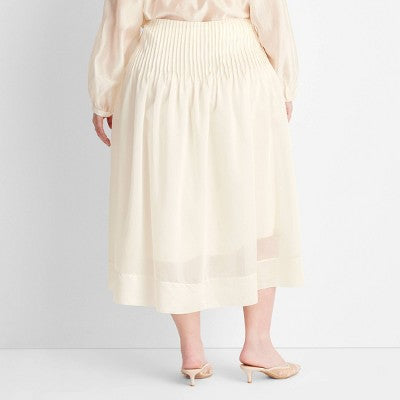 Women's XXL (17) Drop Waist Pleated Sheer Midi Skirt - Future Collective Cream 17: Relaxed Fit, Woven, A-Line, Side Hook & Zipper