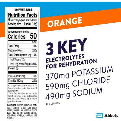 Abbott Pedialyte Electrolyte Orange Drink, Powder Sticks, 0.6 Ounce, 6 Count *Damaged Box* *Exp 05/01/2026*