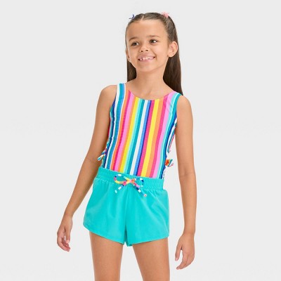 Girls' XS 3T Playa Striped One Piece Swimsuit Set - Cat & Jack Solid Multi-Stripe, Knot Detail, Swimwear Set