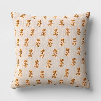 Square Floral Reversible Throw Pillow with Block Print Yellow - Threshold 18 x 18 Inch