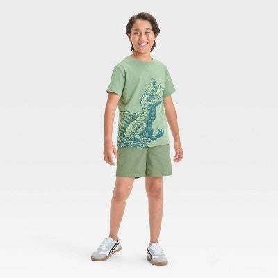 Boys' 2XL Husky Short Sleeve Dino Eating Shark Graphic T-Shirt - Cat & Jack Olive Green Cotton Blend, Crew Neck, Animal Pattern