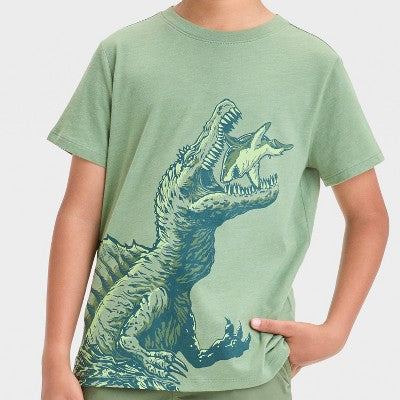 Boys' 2XL Husky Short Sleeve Dino Eating Shark Graphic T-Shirt - Cat & Jack Olive Green Cotton Blend, Crew Neck, Animal Pattern