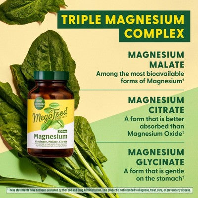 MegaFood Magnesium Supplement, 300mg Magnesium Glycinate, Citrate & Malate Vegetarian Capsules - 60ct *Exp 02/2027*