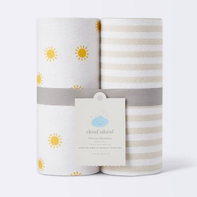 Flannel Swaddle Baby Blankets - Yellow Sun and Stripe - 2pk - Cloud Island