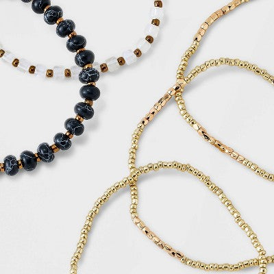 Mixed Semi-Precious Black Howlite Cylinder Beaded Bracelet Set 5pc - Universal Thread Gold/Black: Glass, Brass, Acrylic