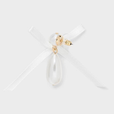 Ribbon Bow Pearl Post and Drop Earrings - A New Day Gold