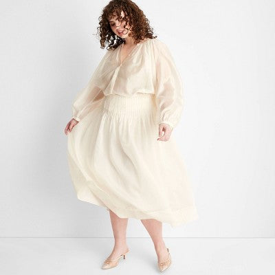 Women's XXL (17) Drop Waist Pleated Sheer Midi Skirt - Future Collective Cream 17: Relaxed Fit, Woven, A-Line, Side Hook & Zipper
