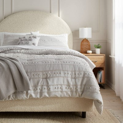 8pc Queen Clipped Stripe Poms Comforter and Sheet Set Gray - Threshold *Open & Damaged Package All Item Included*
