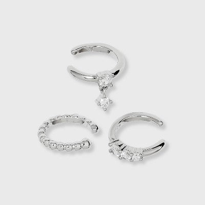 Sterling Silver Cubic Zirconia Dangle Beaded Trio Ear Cuff Set 3pc - A New Day Silver