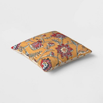 Square Floral Reversible Throw Pillow with Block Print Yellow - Threshold 18 x 18 Inch