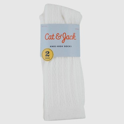 Girls' Size M(9-2.5) Casual Knee High Socks - Cat & Jack 2pk White : Polyester Banded Cuff