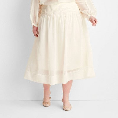 Women's XXL (17) Drop Waist Pleated Sheer Midi Skirt - Future Collective Cream 17: Relaxed Fit, Woven, A-Line, Side Hook & Zipper