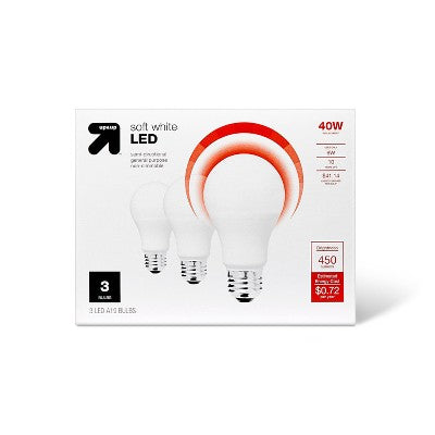 LED 40W 3pk Light Bulbs Soft White - Up&Up 40 Watt Equivalent, A19, E26 Base, 450 Lumens, 3000K, 10-Year Life