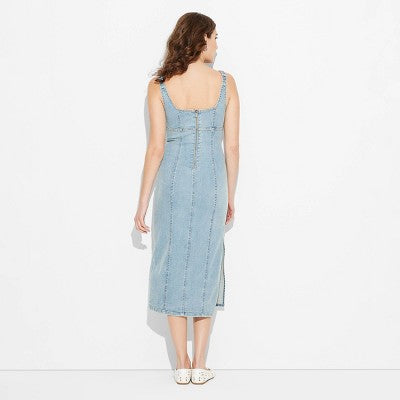 Women's XL Denim Maxi Bodycon Dress - Wild Fable Blue Denim: Squareneck, Side Vent