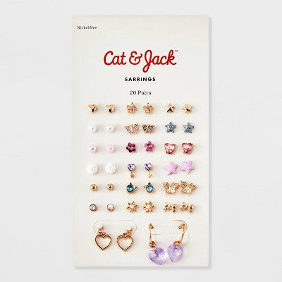 Girls' 20pk Earring Set - Cat & Jack : Nickel-Free, Post Closure, Stud & Hoop Styles