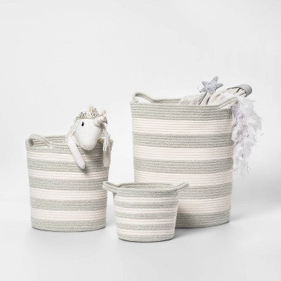 Small Striped Coiled Kids' Rope Basket Gray - Pillowfort