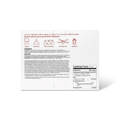 LED 40W 3pk Light Bulbs Soft White - up&up : 40 Watt Equivalent, A19, E26 Base, 450 Lumens, 3000K, 10-Year Life