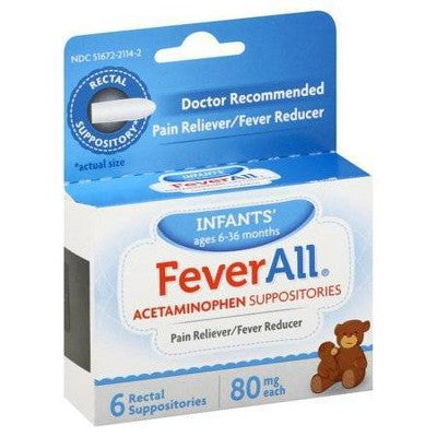 FeverAll Infant Pain Reliever & Fever Reducer Suppository - 6ct *Exp 12/2026* *Minor Box Damage*