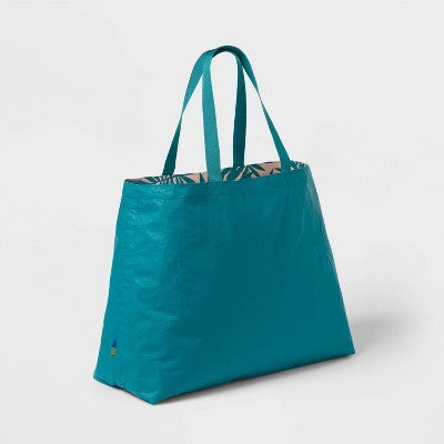Water Resistant Reversible Tote Bag - Open Story Teal/Pink Palm