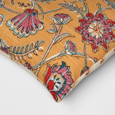 Square Floral Reversible Throw Pillow with Block Print Yellow - Threshold 18 x 18 Inch