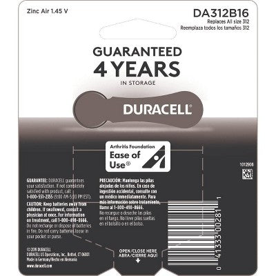 Duracell Size 312 Hearing Aid Batteries - 16 Pack - Easy-Fit Tab *Best Before Mar 2026* *Minor Box Damage*