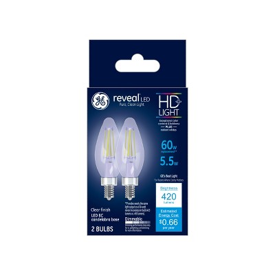 GE 2pk 5W 60W Equivalent Reveal LED HD+ Decorative Light Bulbs Clear