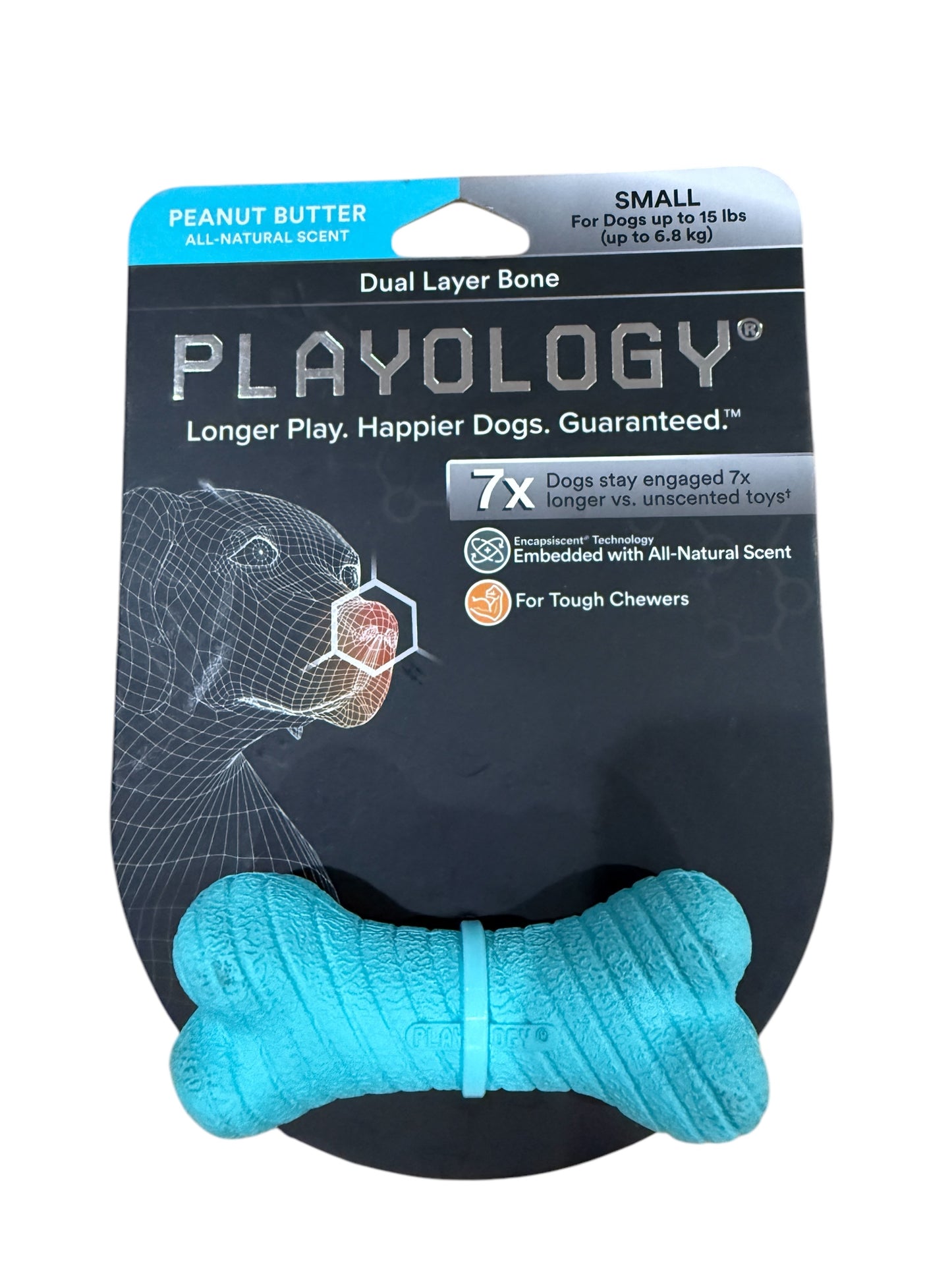 Playology Dual Layer Bone Dog Toy – Peanut Butter Scented, Small (For Dogs up to 15 lbs)
