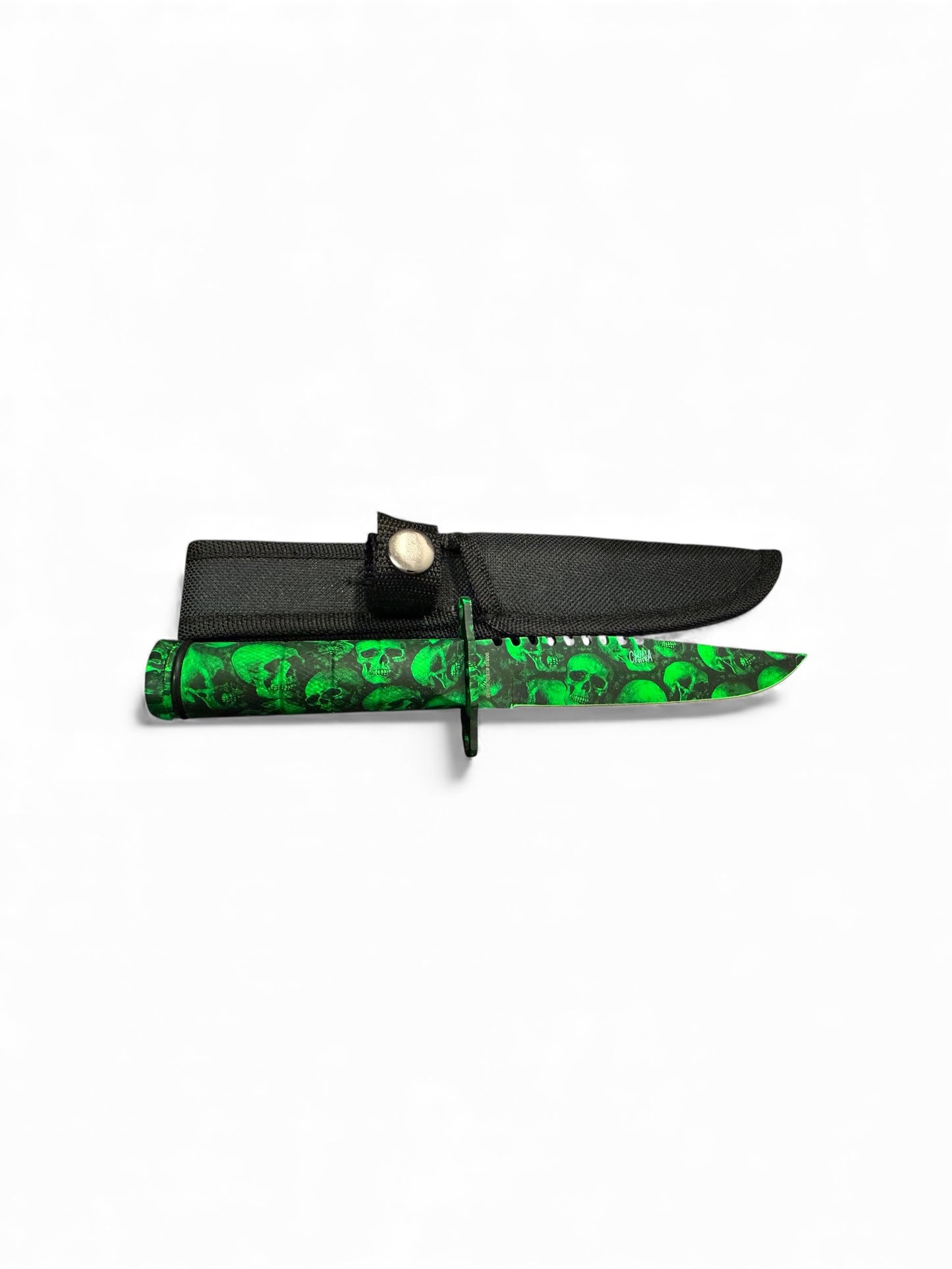 Snake Eye Survival Knife Saw back Green Skull Camo