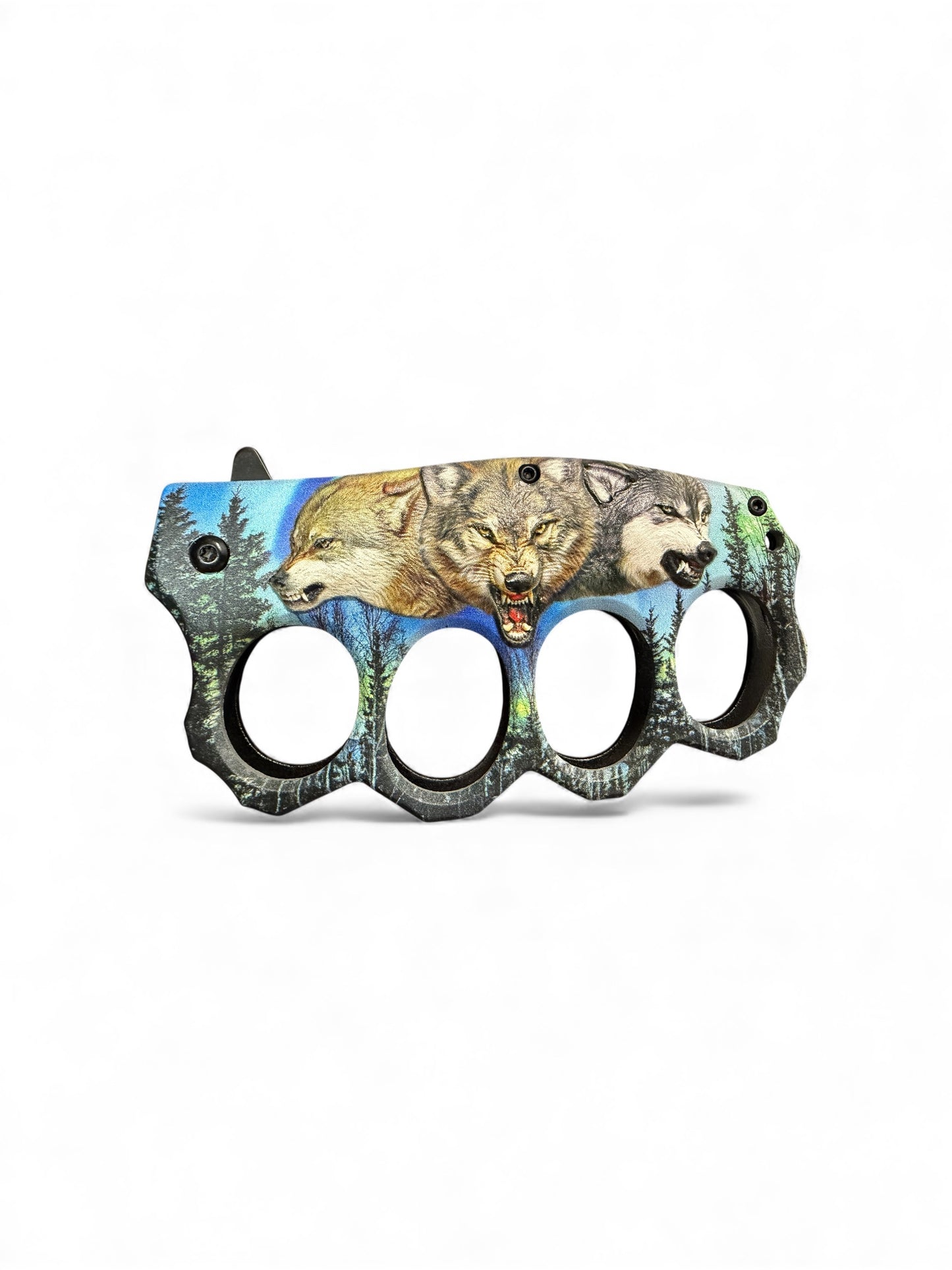 Action Assisted Knuckle Knife 4.5" WOLF Printed Handle with Clip