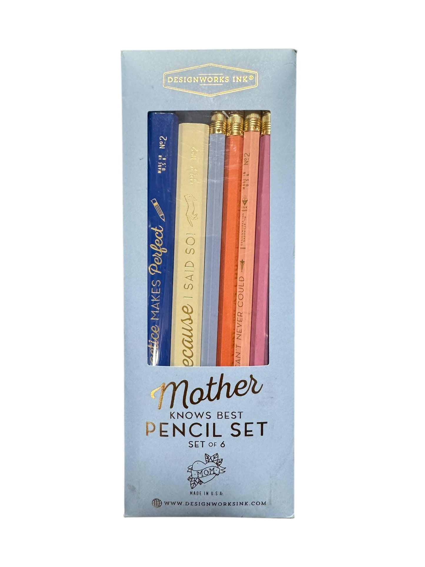 DesignWorks Ink Mother Knows Best Engraved Pencil Set Includes 6 Wooden Graphite Pencils with 2 Carpenter Pencils & 4 No. 2 Pencils with Erasers in a Boxed Set