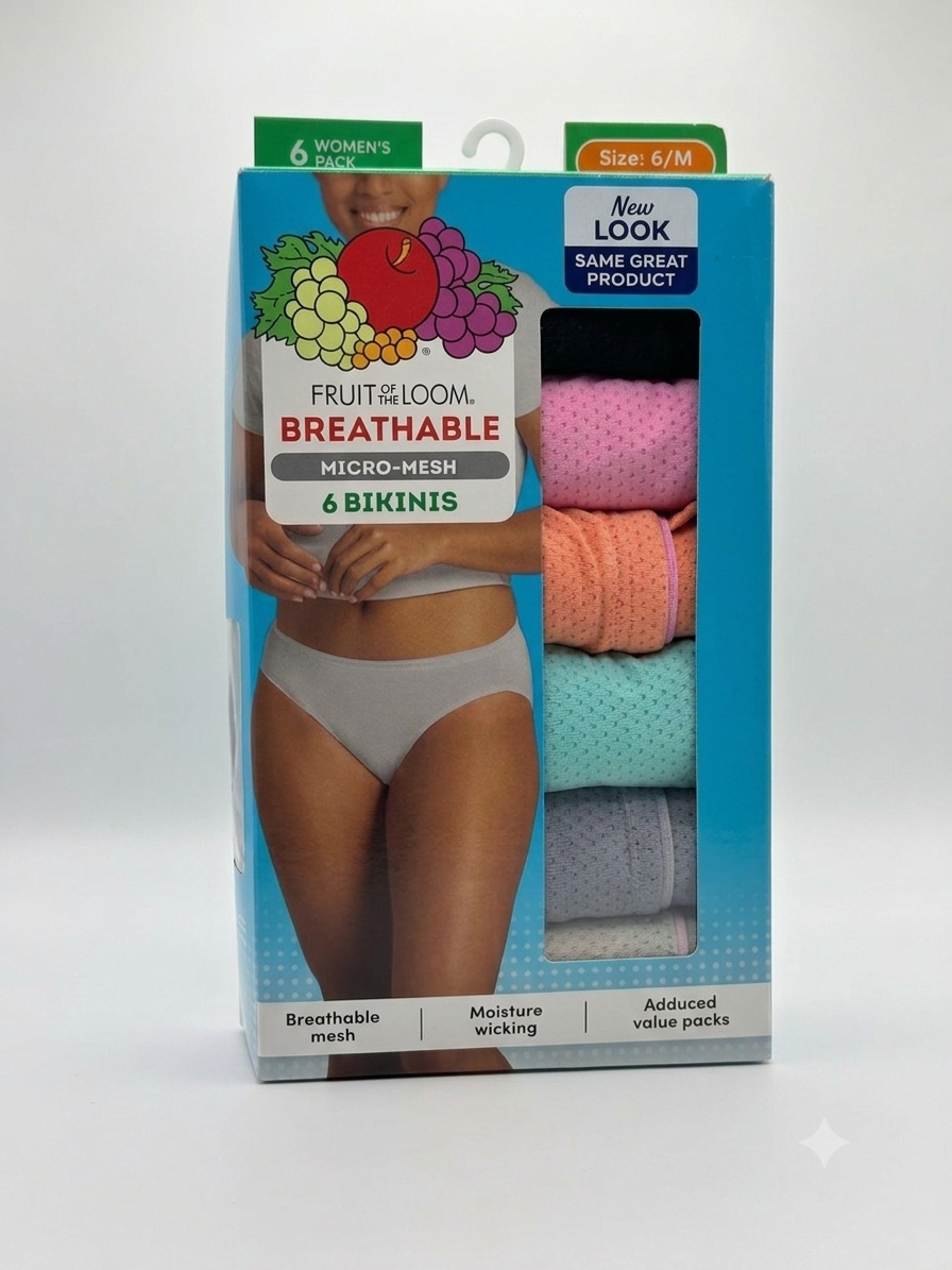 Fruit of the Loom Breathable Micro-Mesh 6 Bikinis Size: 6/M