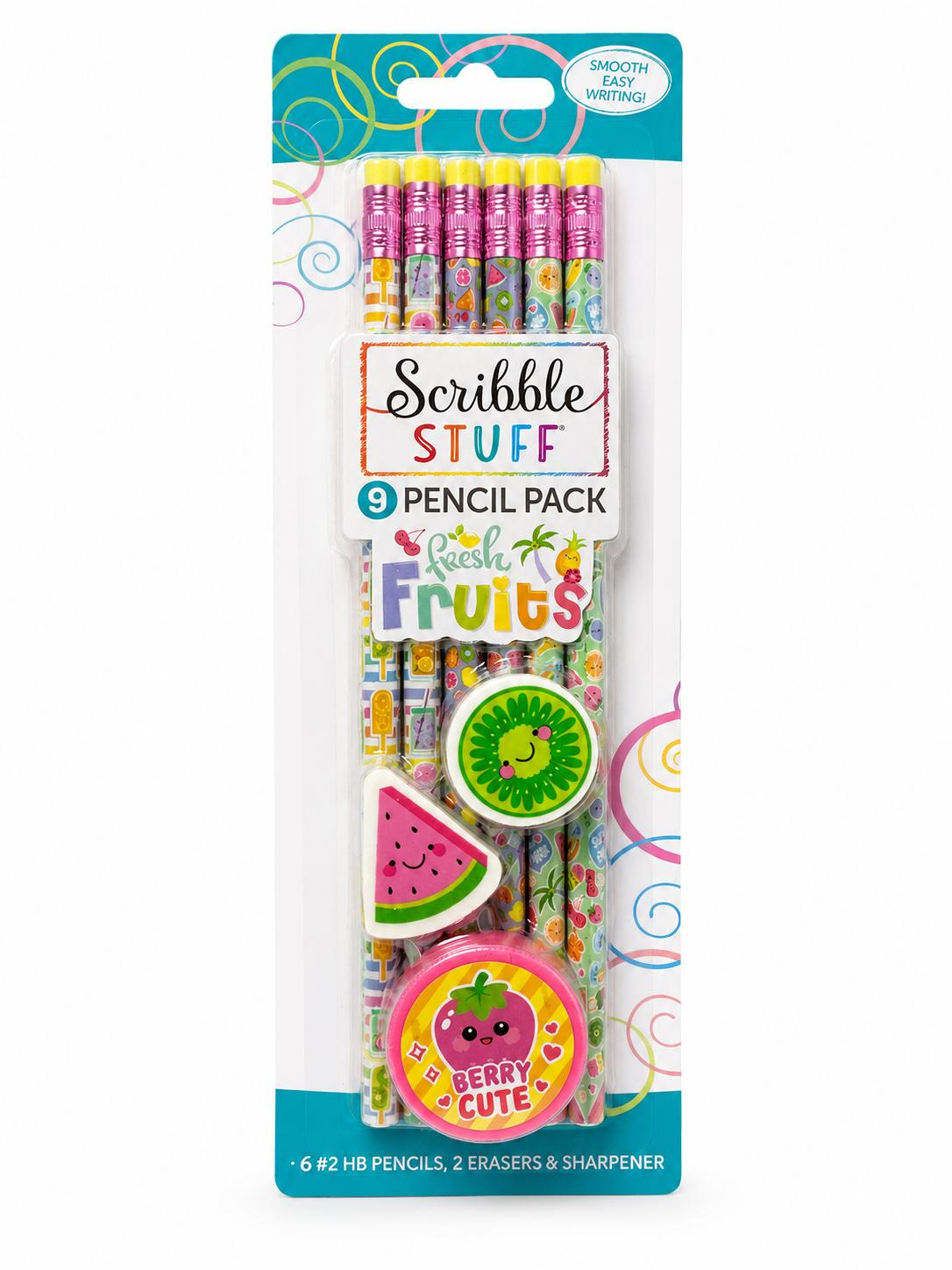 Scribble Stuff Fresh Fruits Pencil Set 6 HB Pencils 2 Erasers Sharpener