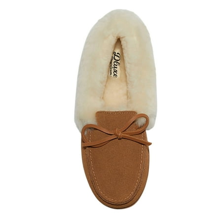 Women's 8 Dluxe By Dearfoams Shearling Moc with Fur Casing Slippers Chestnut Brown