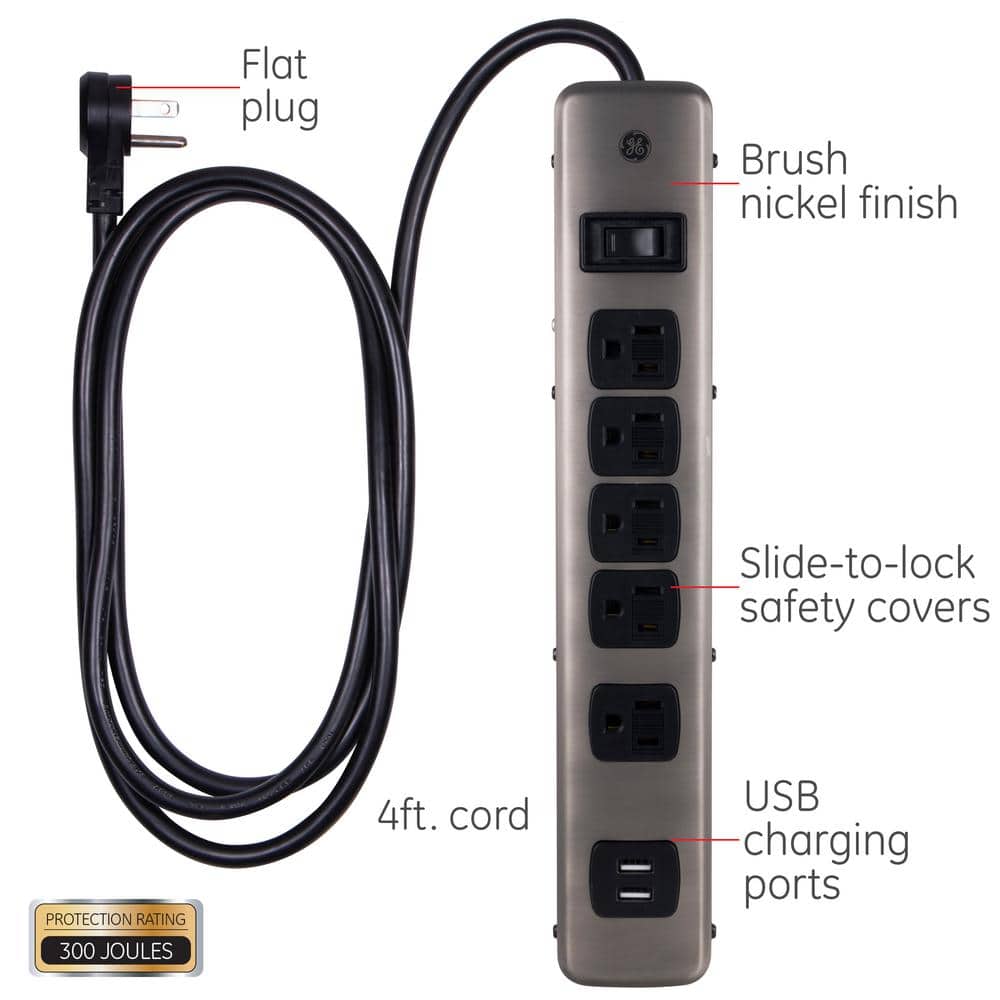 5-Outlet 2-USB Port Surge Protector with 4 ft. Extension Cord, Brushed Nickel
