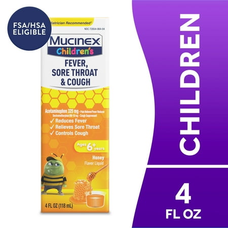 Mucinex Children's Fever, Sore Throat OTC' Cough Medicine for Kids, Honey Flavor Liquid, 4 fl oz *Exp 04/2026*