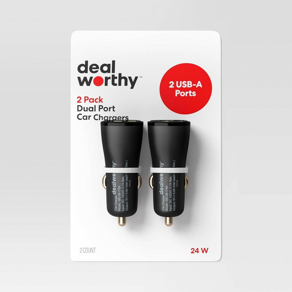 Dual Port USB-A Car Charger 2pk - dealworthy™ Black