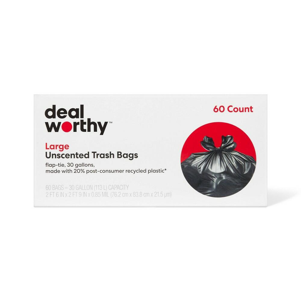 Large Flap-Tie Trash Bags - 30gal/60ct
