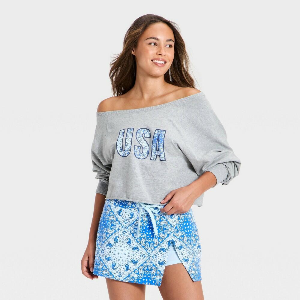 Size: XS Women's Washed Jersey Americana Off The Shoulder Cropped Long Sleeve Top - JoyLab™ Gray