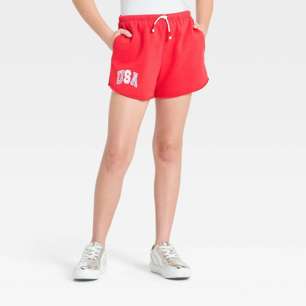 Girls' French Terry 4th Of July "USA" Graphic Cutoff Dolphin Pull-On Shorts - art class™ Red (Beach Pink) XL
