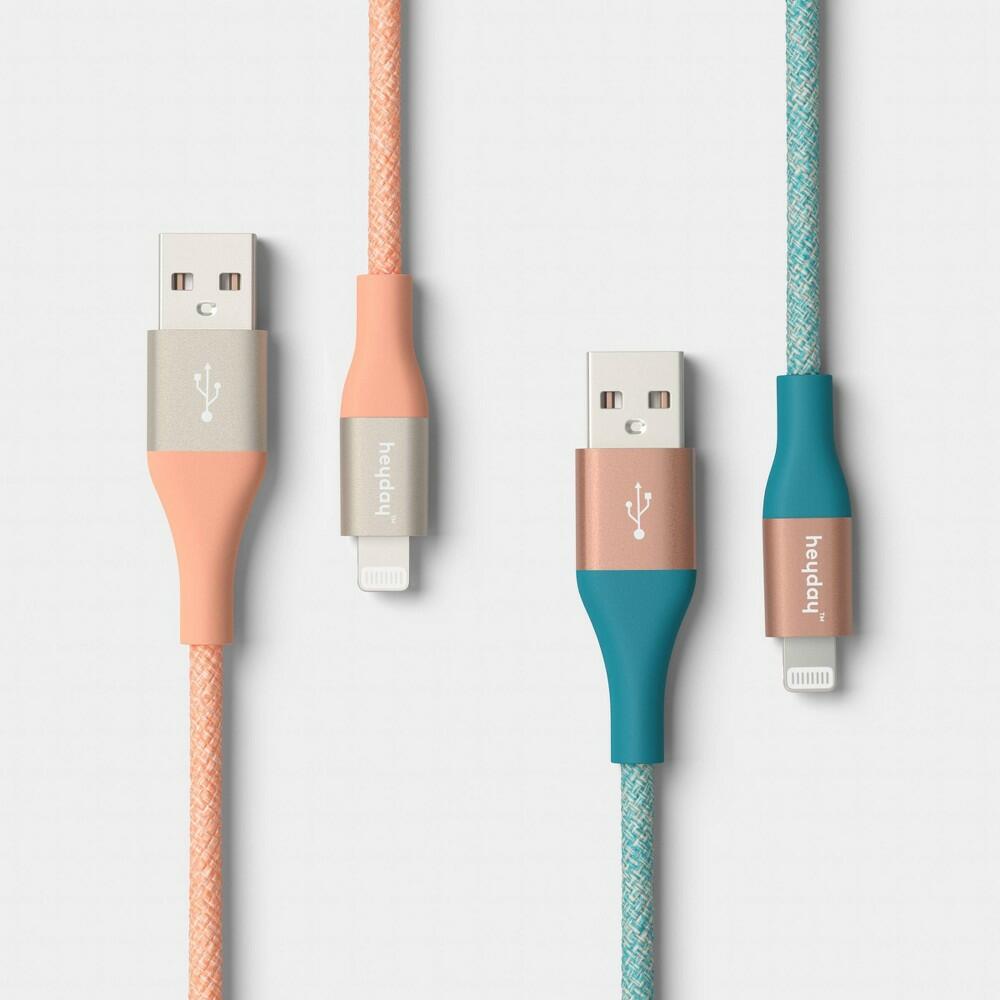heyday USB-A to Lightning Cables 6 Ft, 2-Pack, Deep Sage/Peach
