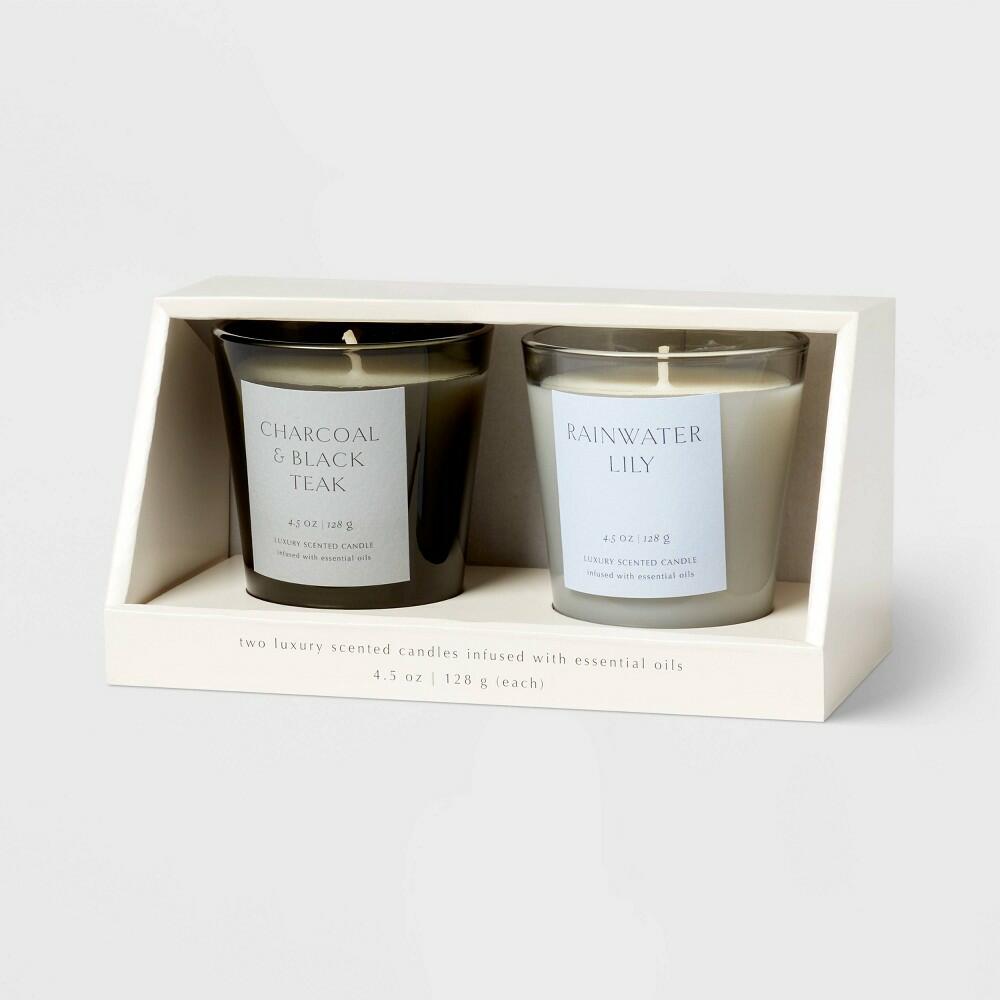 2pk Votive Candle Gift Set Rainwater Lily Charcoal and Black Teak
