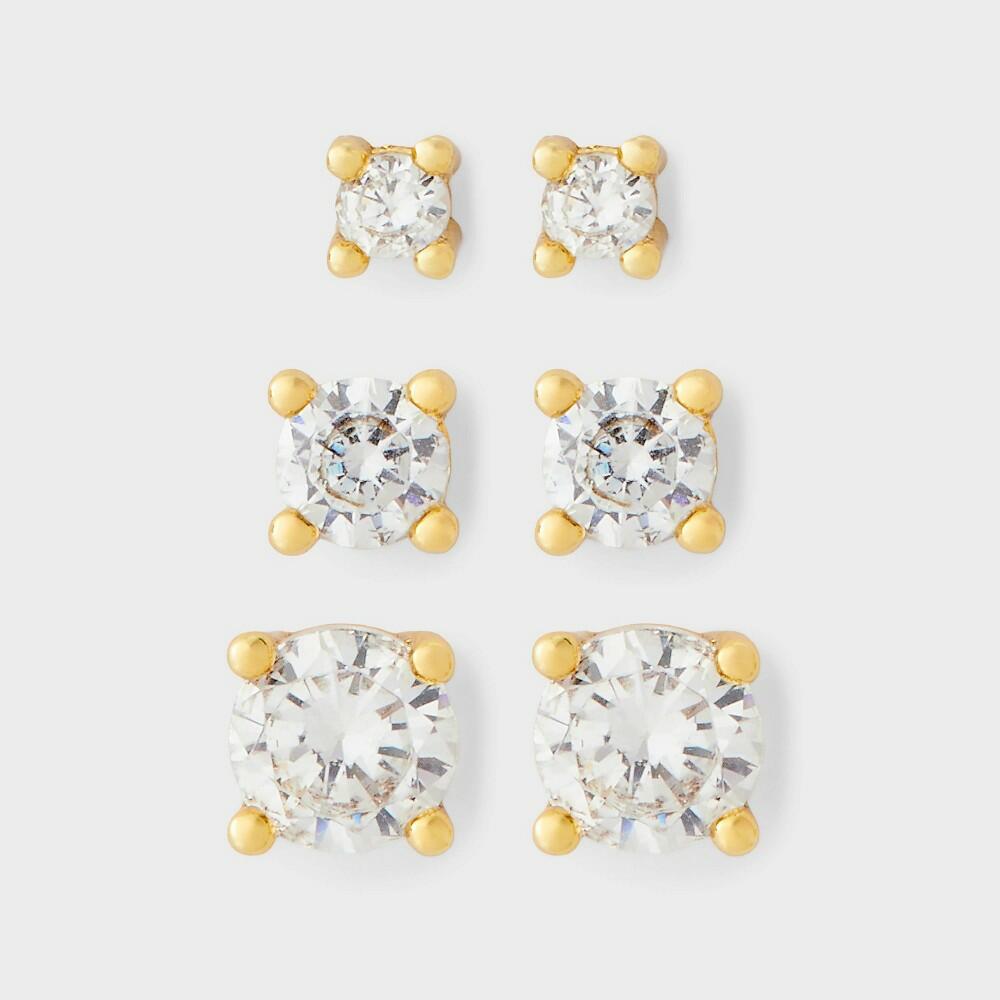 14K Gold Plated Cubic Zirconia Stud Earring Set 3pc